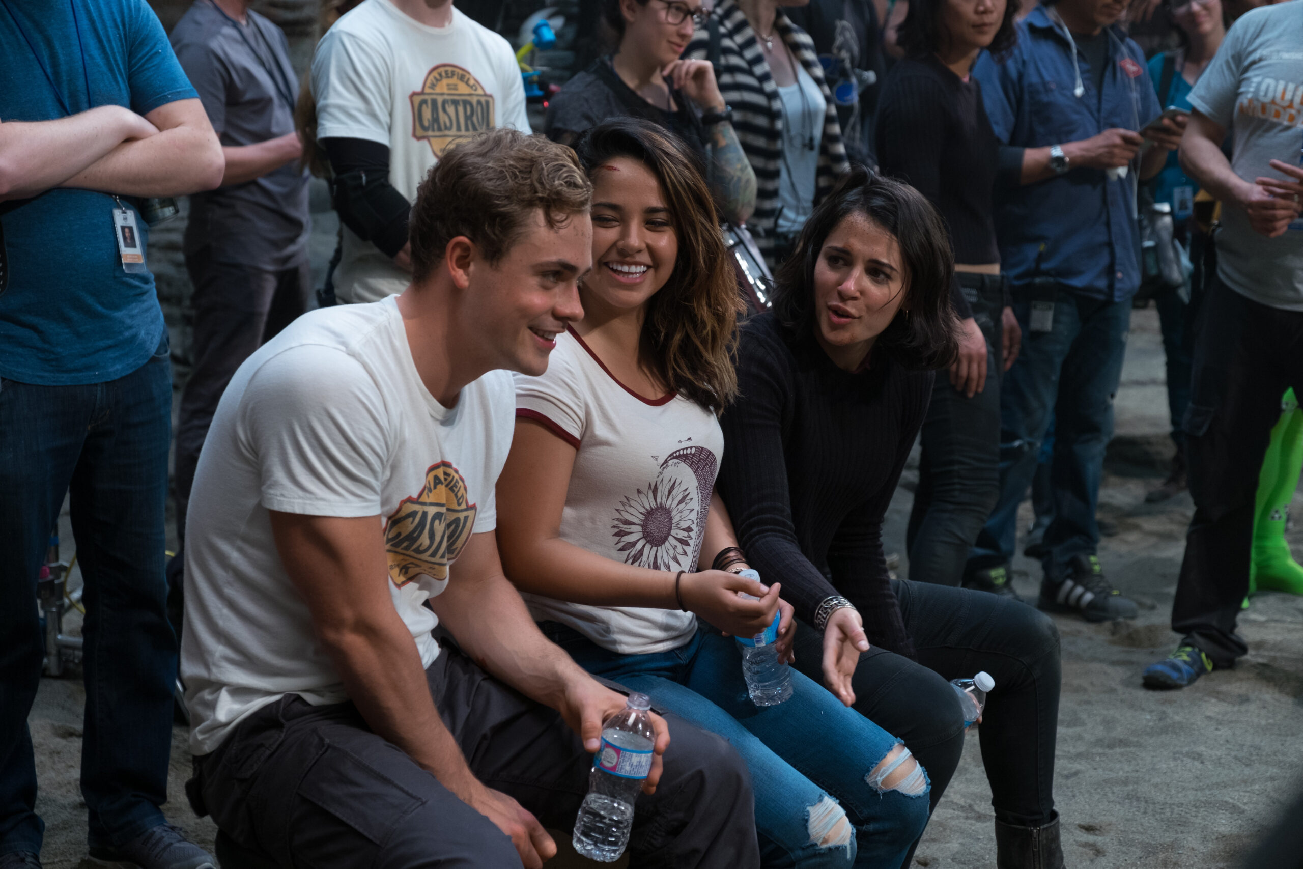 From L to R: Dacre Montgomery, Becky G and Naomi Scott on the set of SABAN'S POWER RANGERS. Photo by Kimberley French.