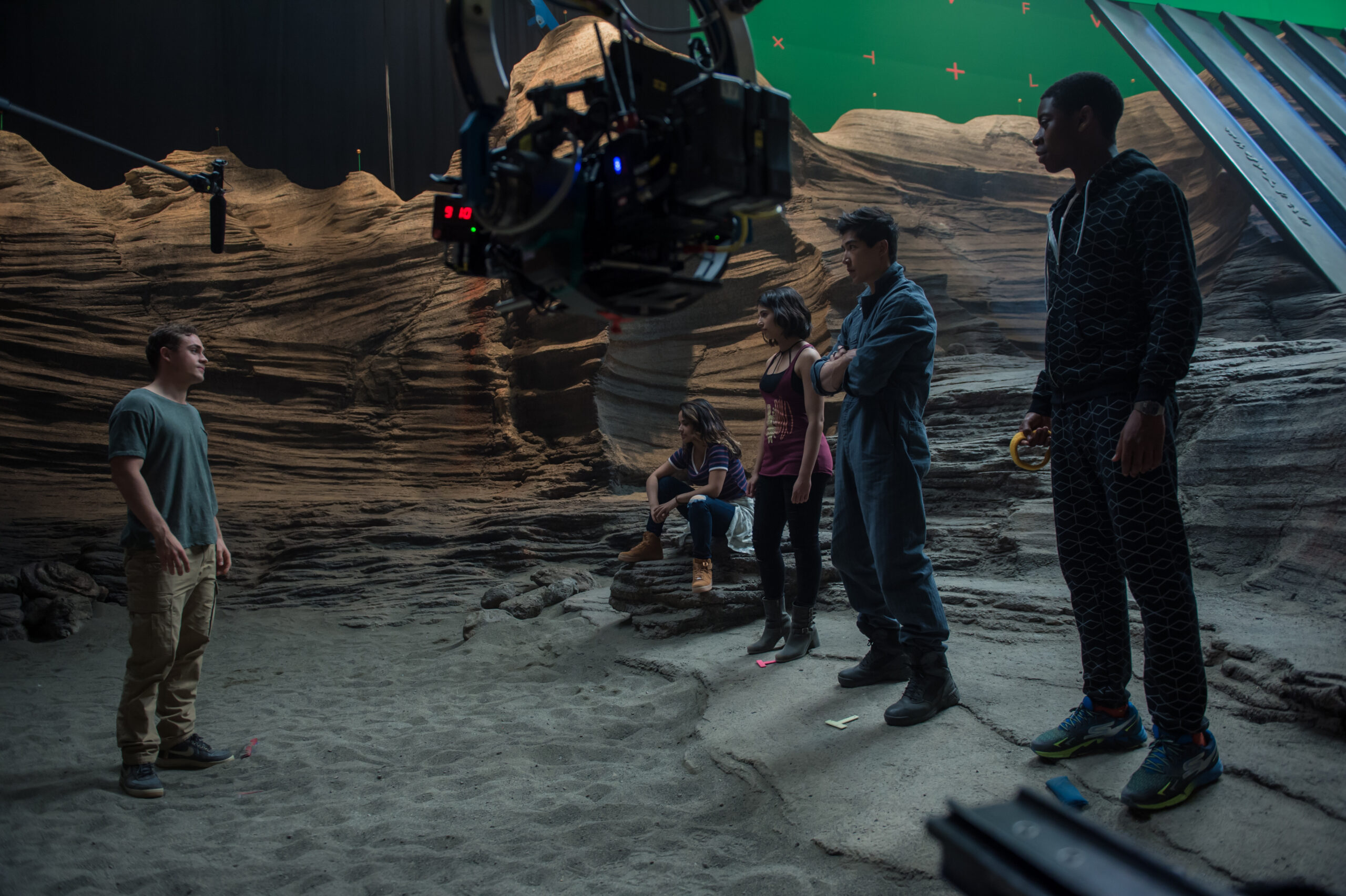 From L to R: Dacre Montgomery, Becky G, Naomi Scott, Ludi Lin and RJ Cyler on the set of SABAN'S POWER RANGERS. Photo by Kimberley French.