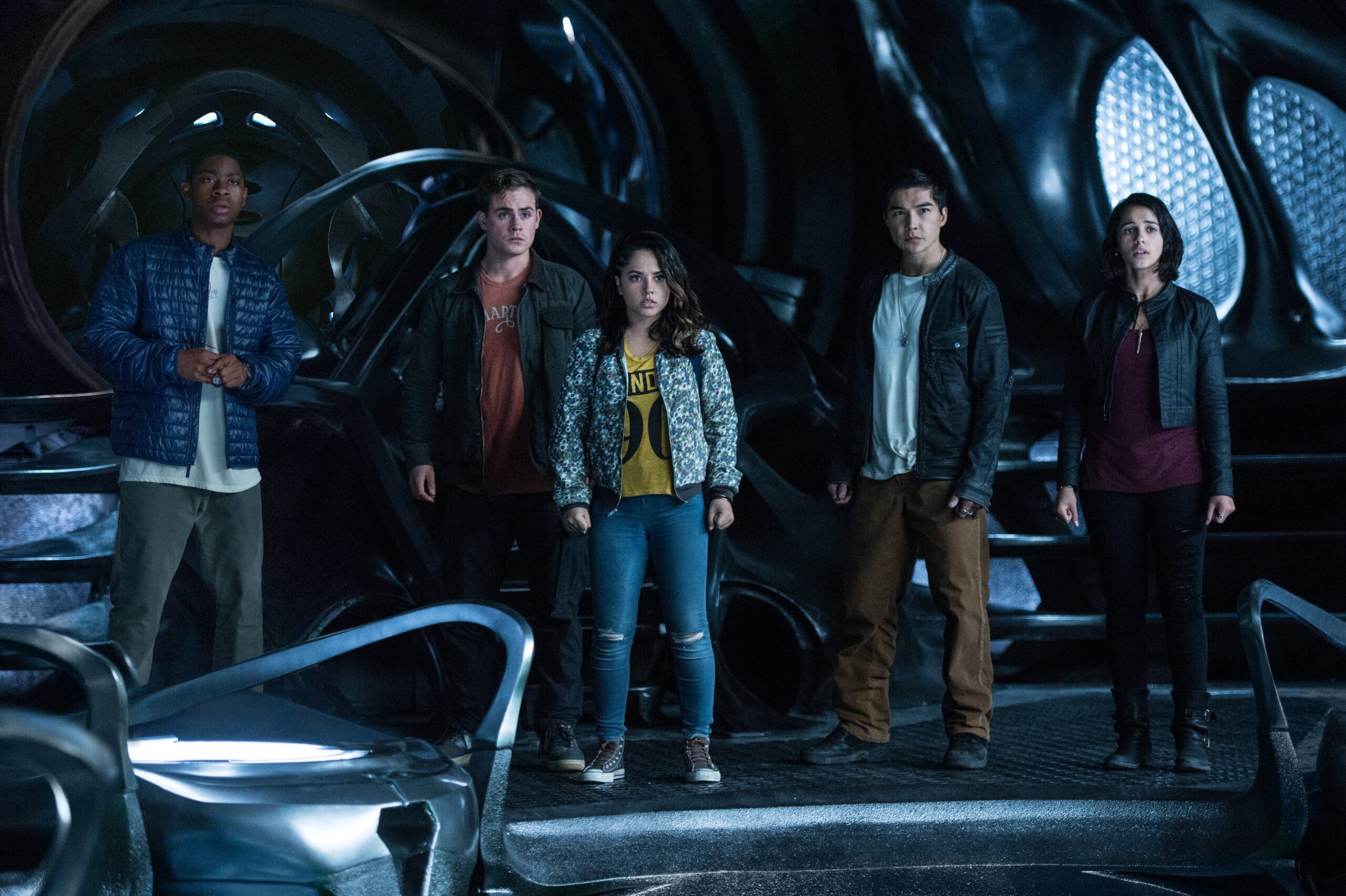 From L to R: RJ Cyler as "Billy," Dacre Montgomery as "Jason," Becky G as "Trini," Ludi Lin as "Zack" and Naomi Scott as "Kimberly" in SABAN'S POWER RANGERS. Photo by Kimberly French.
